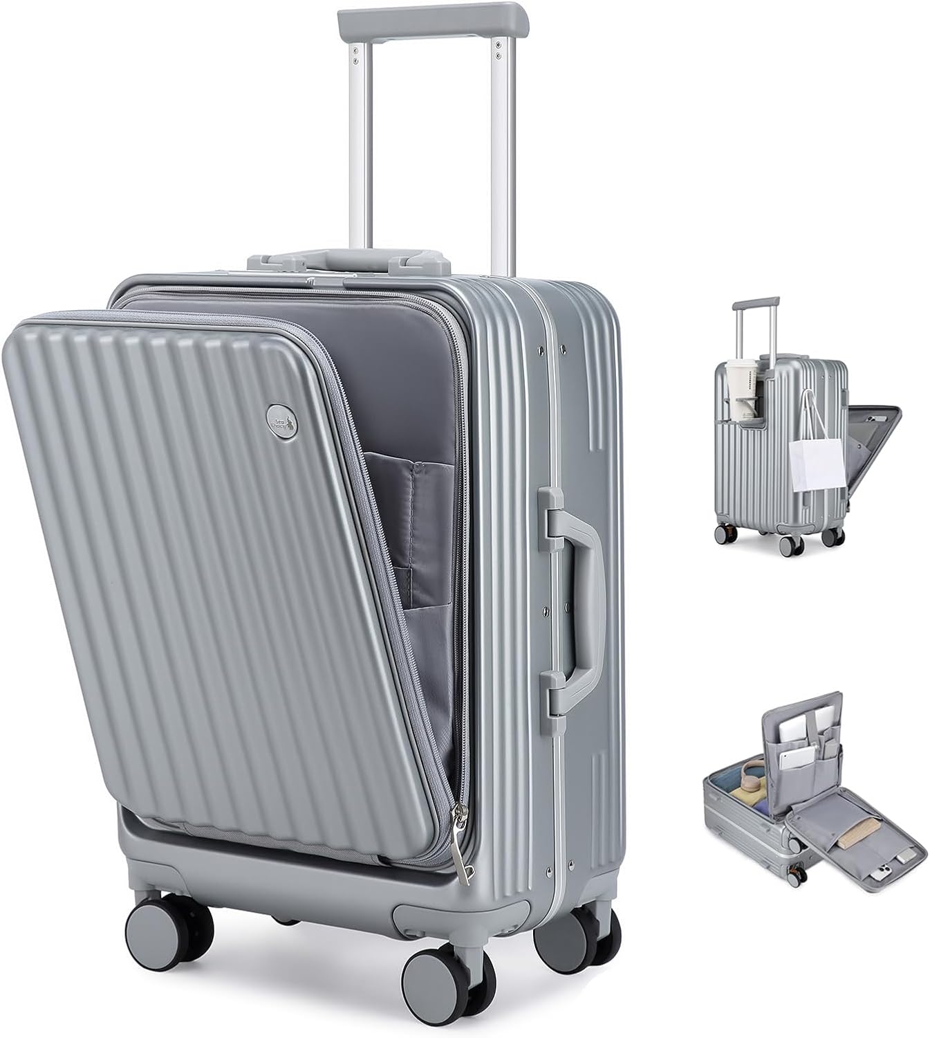 Sea choice Bagaż otwierana z przodu 20-calowa walizka PC z twardą skorupą Bagaż podręczny z zamkiem i blokadą TSA 4 kółka Porty USB do ładowania i uchwyt na kubek