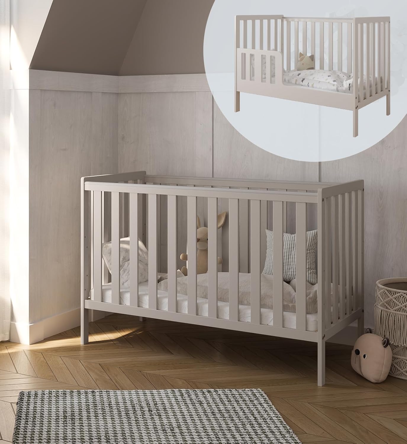 zee BAMBI Kaszmirowe Łóżeczko Dziecięce 2w1 120x60 cm, Łóżeczko Niemowlęce z Barierką Ochronną, 3 Poziomy Wysokości, Ochraniacz na Ząbkowanie, Przekształcane w Tapczanik