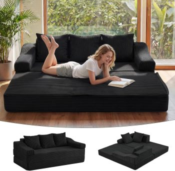 APICIZON Sofa z funkcją spania, 2 w 1, sofa boneless couch, sofa podłogowa z poduszką, 3-osobowa sofa z funkcją spania, składany materac do salonu, sypialni, pokoju gościnnego (Cord-ciemnoszary, 200
