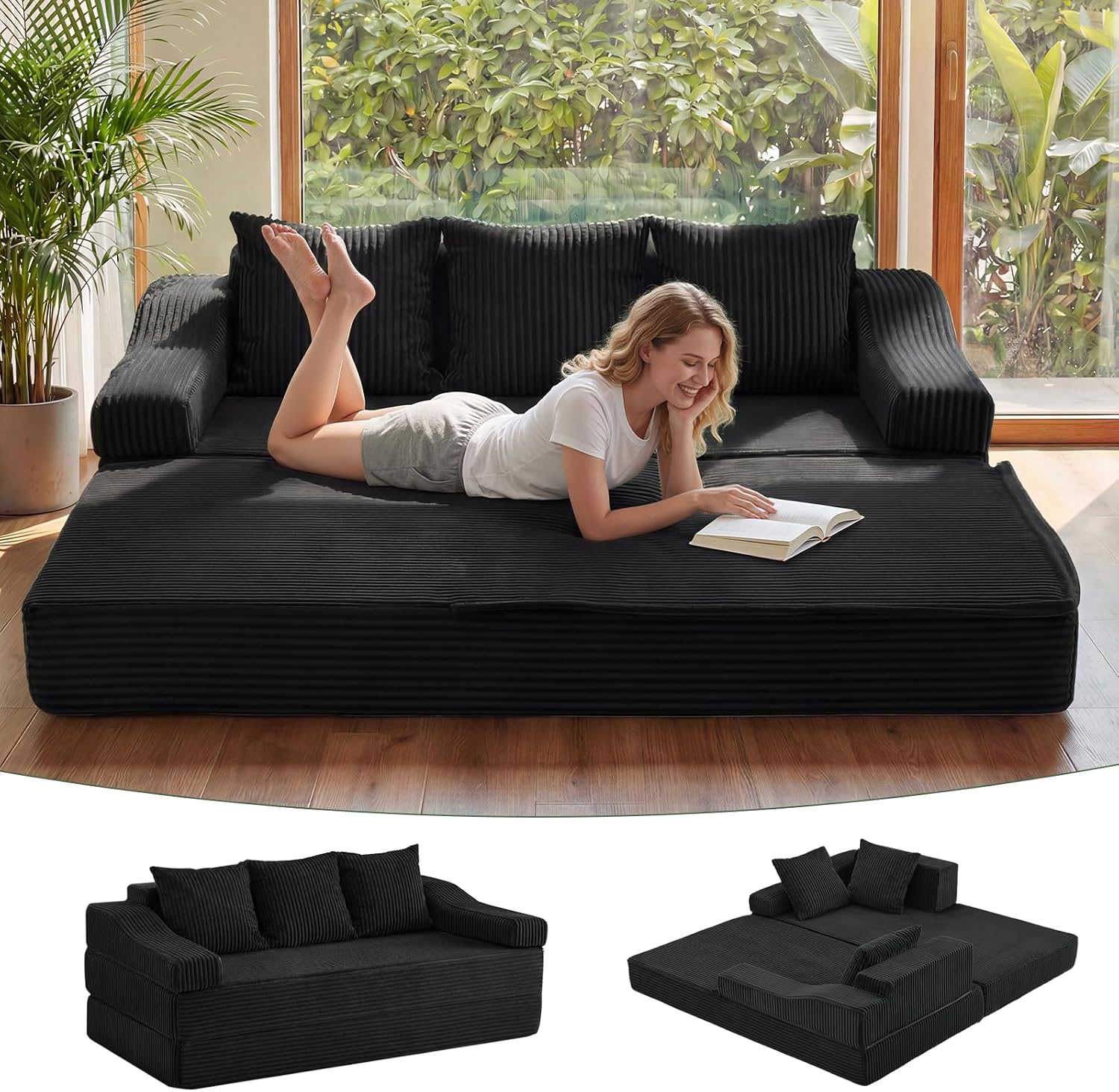 APICIZON Sofa z funkcją spania, 2 w 1, sofa boneless couch, sofa podłogowa z poduszką, 3-osobowa sofa z funkcją spania, składany materac do salonu, sypialni, pokoju gościnnego (Cord-ciemnoszary, 200