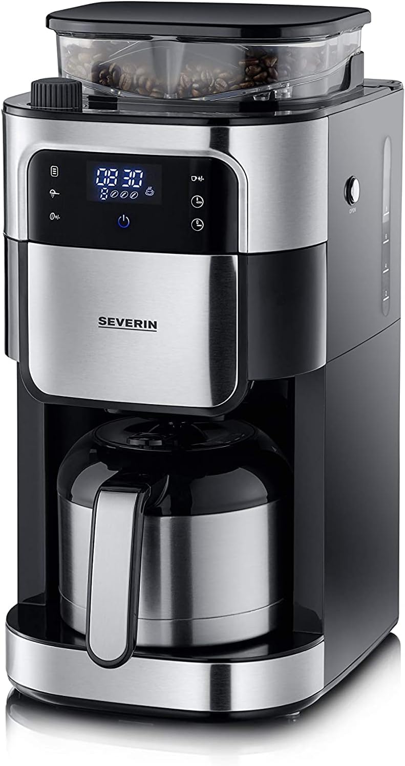 SEVERIN KA 4814 ekspres do kawy z filtrem mechanizmem mielącym ze stali nierdzewnej i dzbankiem termicznym, indywidualnie wybierany stopień mielenia, 1000 W, na maks. 8 filiżanek / ok. 1 litr