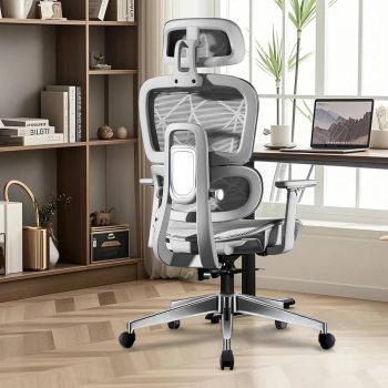 Ergonomiczne Krzesło Biurkowe,Wysokie Siatkowe Krzesło z wsparciem lędźwiowym 3-biegowym,podłokietnikami 3D,regulowanym zagłówkiem,obrotowe z funkcją nachylenia(Szary)