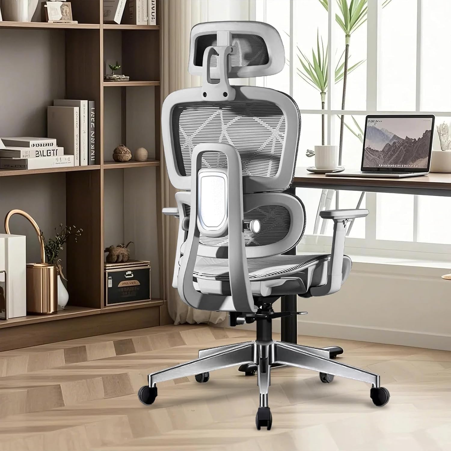 Ergonomiczne Krzesło Biurkowe,Wysokie Siatkowe Krzesło z wsparciem lędźwiowym 3-biegowym,podłokietnikami 3D,regulowanym zagłówkiem,obrotowe z funkcją nachylenia(Szary)