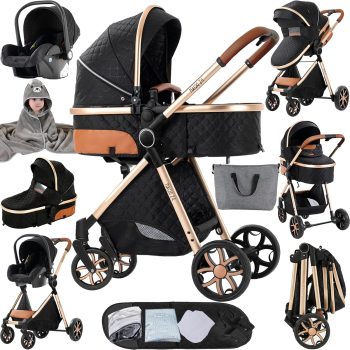 MoLi Trio, wózek dziecięcy 3 w 1, podwójny tryb push, duża gondola dla niemowląt, składany aluminiowy wózek (225 Black Gold)