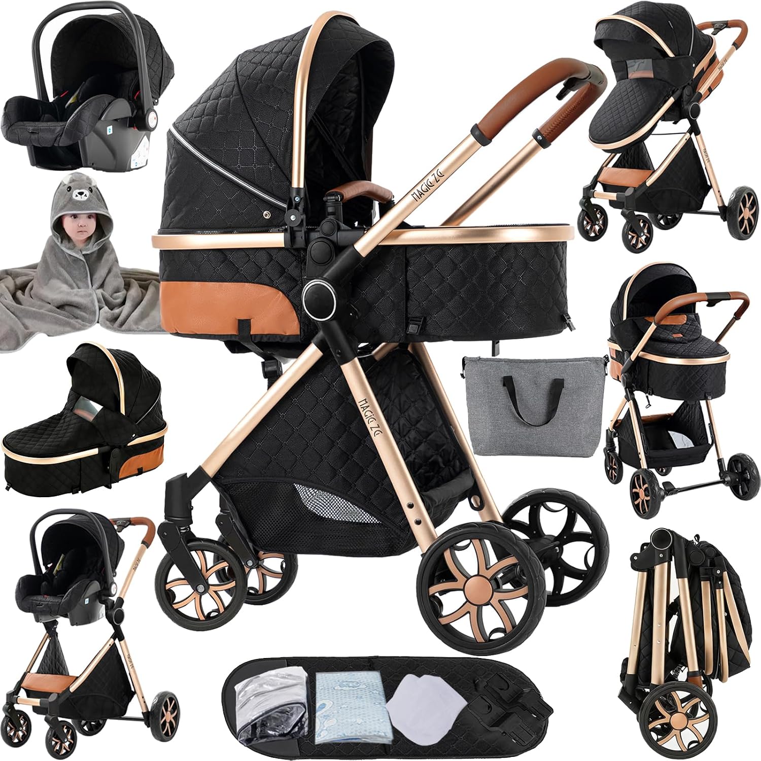 MoLi Trio, wózek dziecięcy 3 w 1, podwójny tryb push, duża gondola dla niemowląt, składany aluminiowy wózek (225 Black Gold)