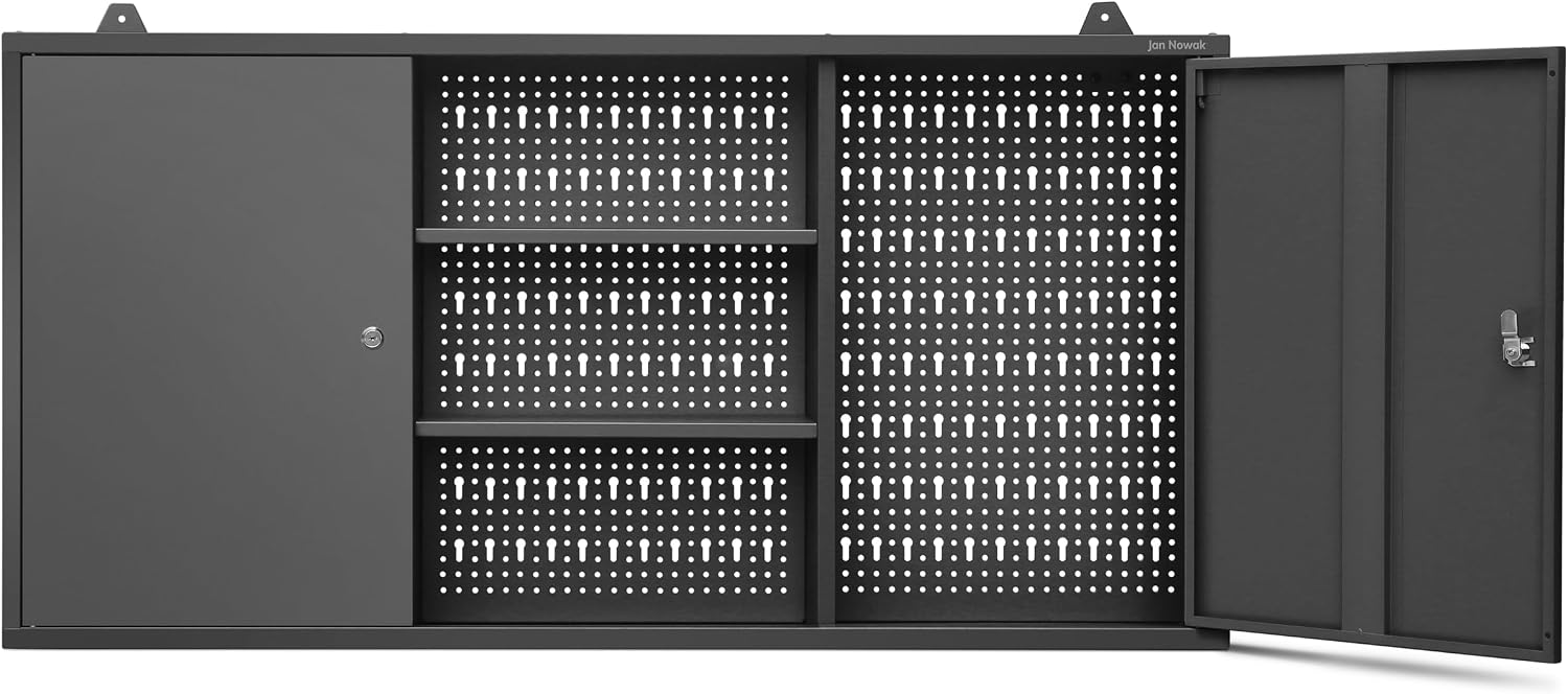 Szafka Metalowa Wisząca na Narzędzia do Warsztatu JAN NOWAK BEN | Narzędziowa Perforowana Garażowa Warsztatowa Dwie Zamykane Szafki Dwie Półki Na Akcesoria | 120 x 60 x 20 cm (Czarna)