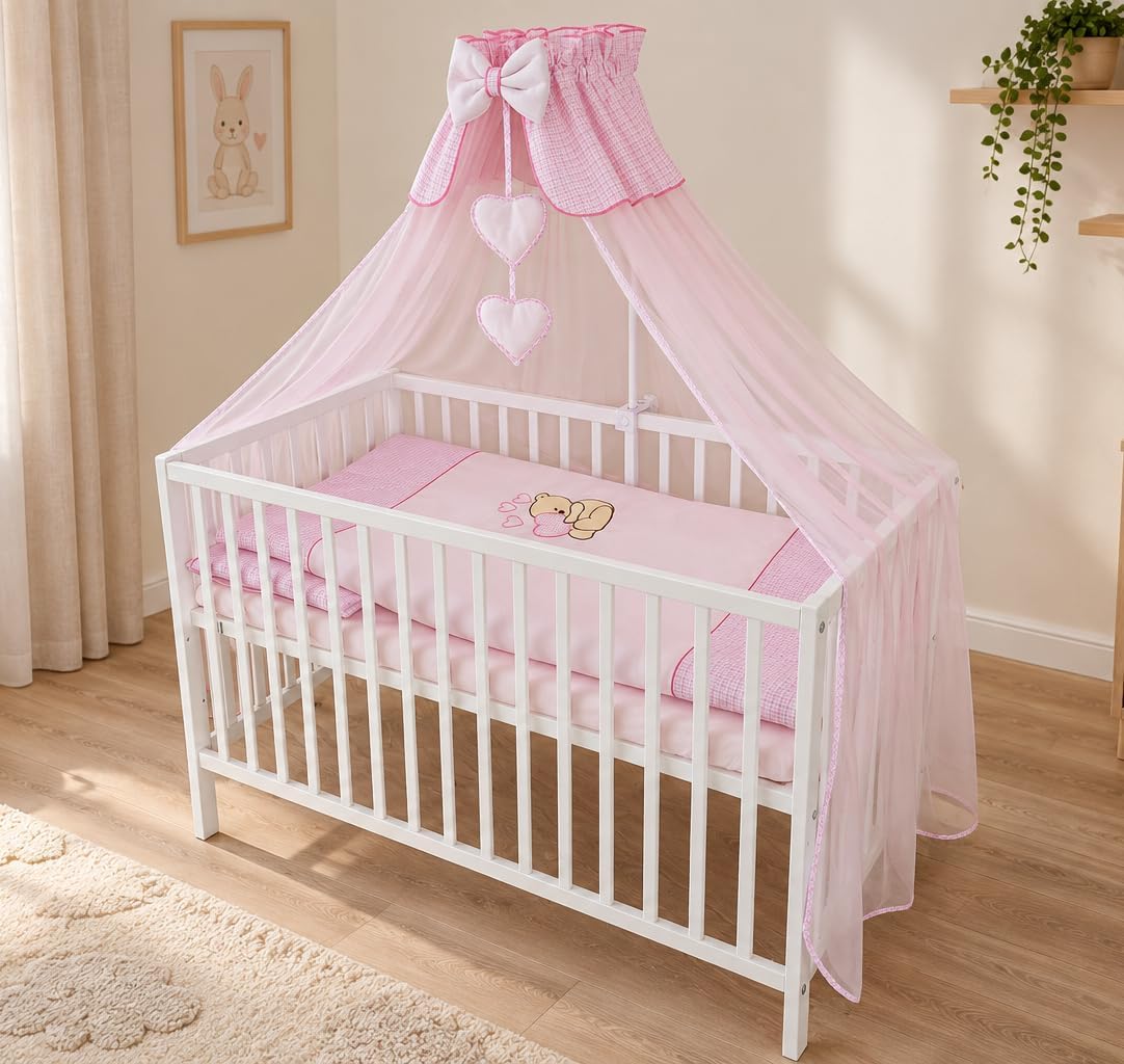 Łóżeczko dziecięce Classic Nest 120x60 cm z materacem, różową pościelą z haftem misia i baldachimem