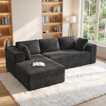 Xbro Sofa 3-osobowa w kształcie litery L z sztruksu, nowoczesna sofa do salonu z poduszkami i bocznymi kieszeniami, pianka 30D o wysokiej gęstości, 250 x 160 x 62, Ciemnoszary