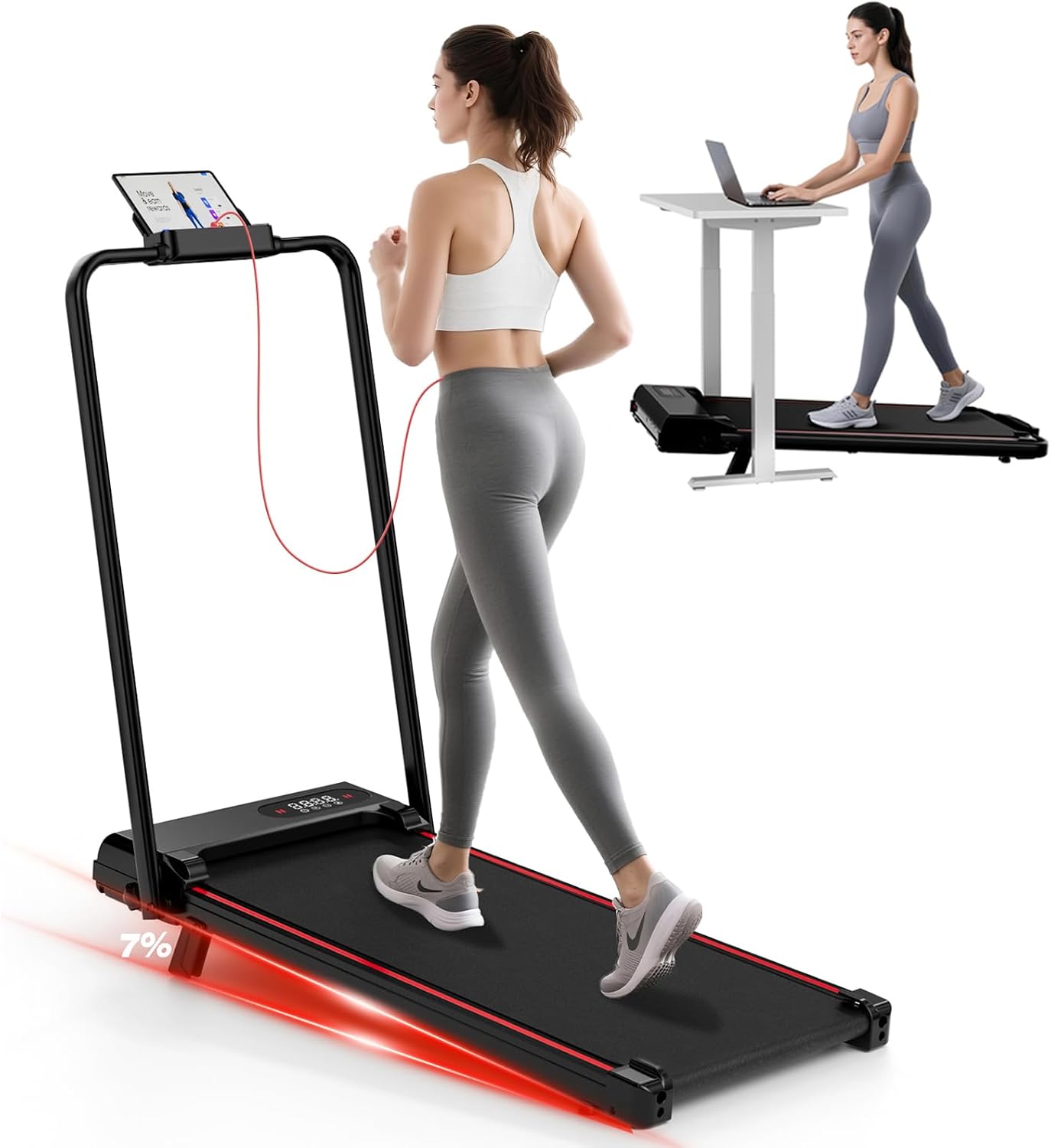 Homefitnesscode Składana Bieżnia Domowa z Nachyleniem, 3 w 1 Elektryczny Walking Pad, 1–8 km/h, Kompaktowa i poręczna Bieżnia pod biurkiem z Wyświetlaczem LED i Pilotem, Nośność 130 kg