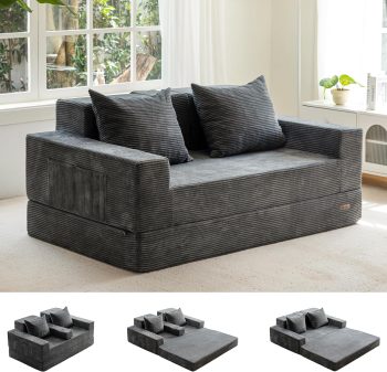 MAXYOYO Składana sofa, sztruksowa kanapa podłogowa z uchwytem na kubek