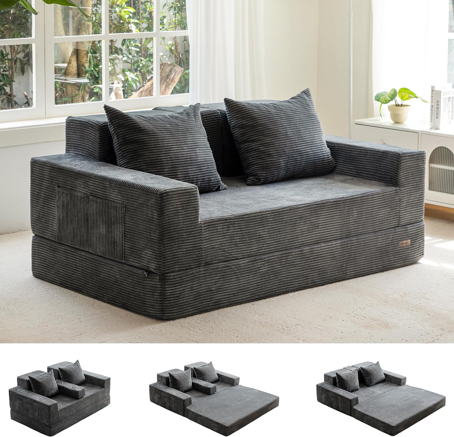 MAXYOYO Składana sofa, sztruksowa kanapa podłogowa z uchwytem na kubek