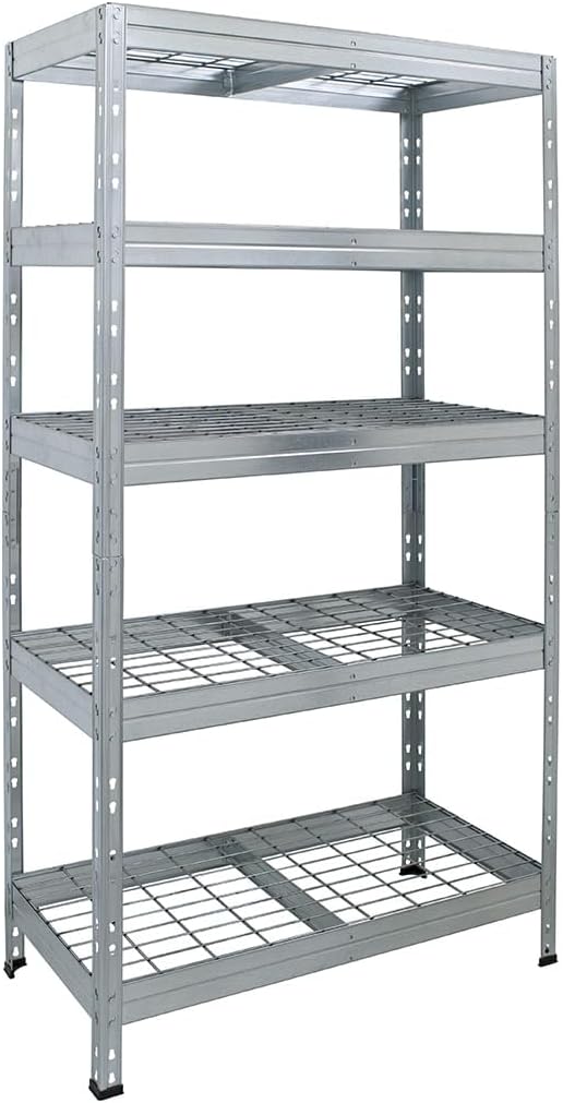 Rivet – regał do dużych obciążeń z półkami z siatki stalowej, 180 x 90 x 45 cm (wys. x szer. x gł.), 5 półek, nośność 250 kg na półkę, ocynkowany.