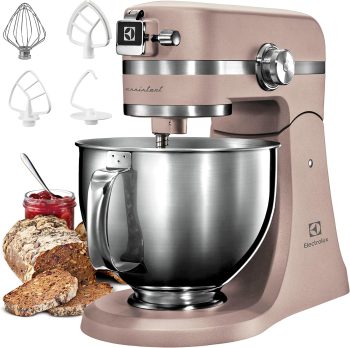 Electrolux Robot Kuchenny 1200 W, 10 prędkości + f. pulsacyjna, Oświetlenie LED misy, 2 misy o pojemności 4,8l i 2,9l, W Zestawie: Hak, Trzepaczka, Ubijaczka, Silikonowa Łyżka, Pokrywa, EKM5570,Beżowy