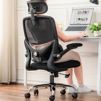 Ergonomiczny fotel do domowego biura z siatkowym wysokim oparciem, regulowanym wsparciem lędźwiowym, podłokietnikami, zagłówkiem,oszczędność miejsca krzesło gamingowe, 150 kg (Czarny)
