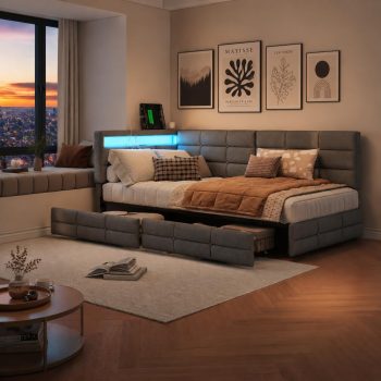 Sofa z funkcją spania w kształcie L 90x200 z 2 szufladami do przechowywania, sofa rozkładana, funkcyjne łóżko z funkcją spania z USB/Typ C i światłem LED, sofa tapczan, rozkładane łóżko, łóżko tapczan