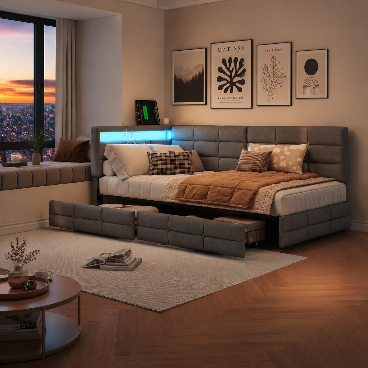 Sofa z funkcją spania w kształcie L 90x200 z 2 szufladami do przechowywania, sofa rozkładana, funkcyjne łóżko z funkcją spania z USB/Typ C i światłem LED, sofa tapczan, rozkładane łóżko, łóżko tapczan