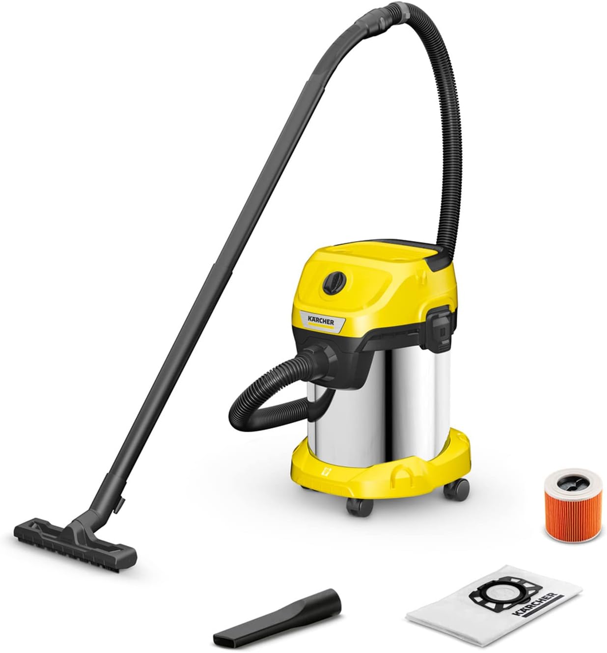 Kärcher Odkurzacz na Mokro/Sucho WD 3 S V-17/4/20, w tym filtr, 1000 W, zbiornik ze stali nierdzewnej: 17 l, wąż ssący: 2 m i przechowywanie węży, funkcja wydmuchu, ssawka do podłóg i szczelin