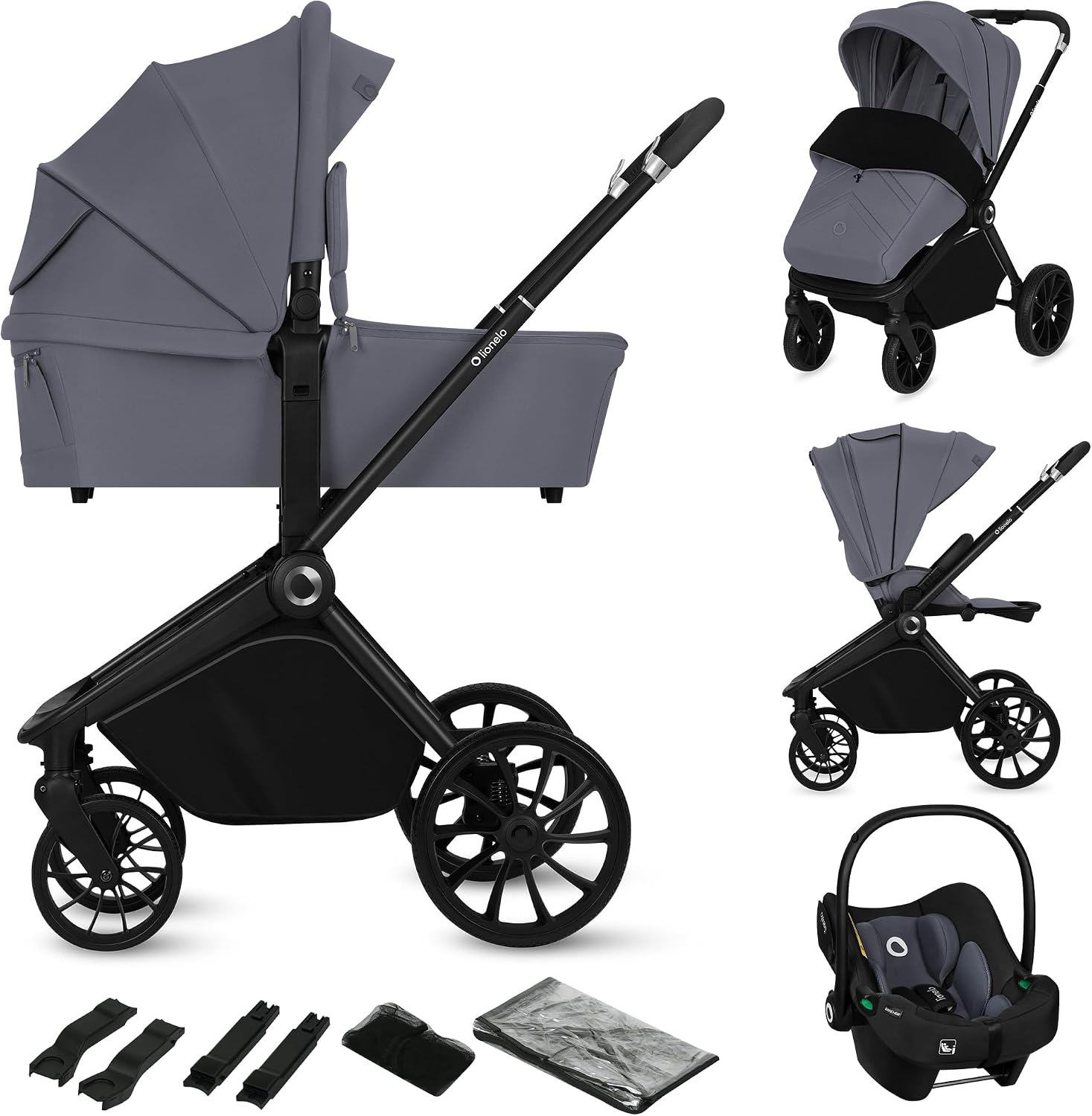 LIONELO MIKA PLUS 3 w 1 Wózek Spacerowy Dziecięcy 0-48 miesięcy do 22 kg Gondola do 9 kg Fotelik Samochodowy Nosidło do 13 kg, Regulacja Oparcia, Amortyzacja, Koła 360° Budka XXL (Szary)