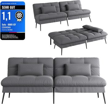 COMHOMA Sofa rozkładana z funkcją spania, rozkładana narzuta futon, narożna, 3-osobowa sofa dla gości - z regulowanym oparciem z szarej tkaniny