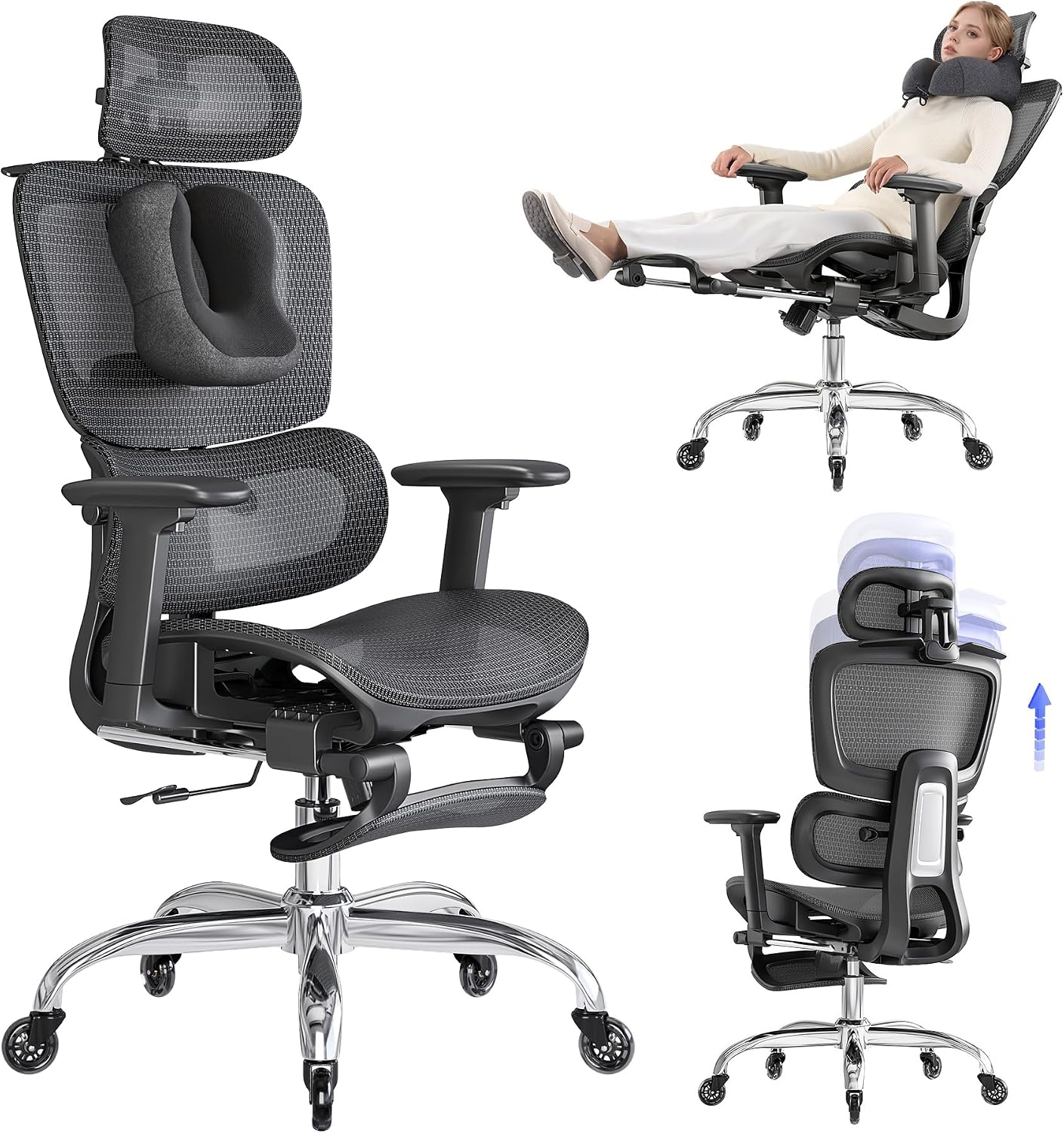 LarkLeaves Ergonomiczny Fotel Biurowy z Podnóżkiem Czarny L10 Pro