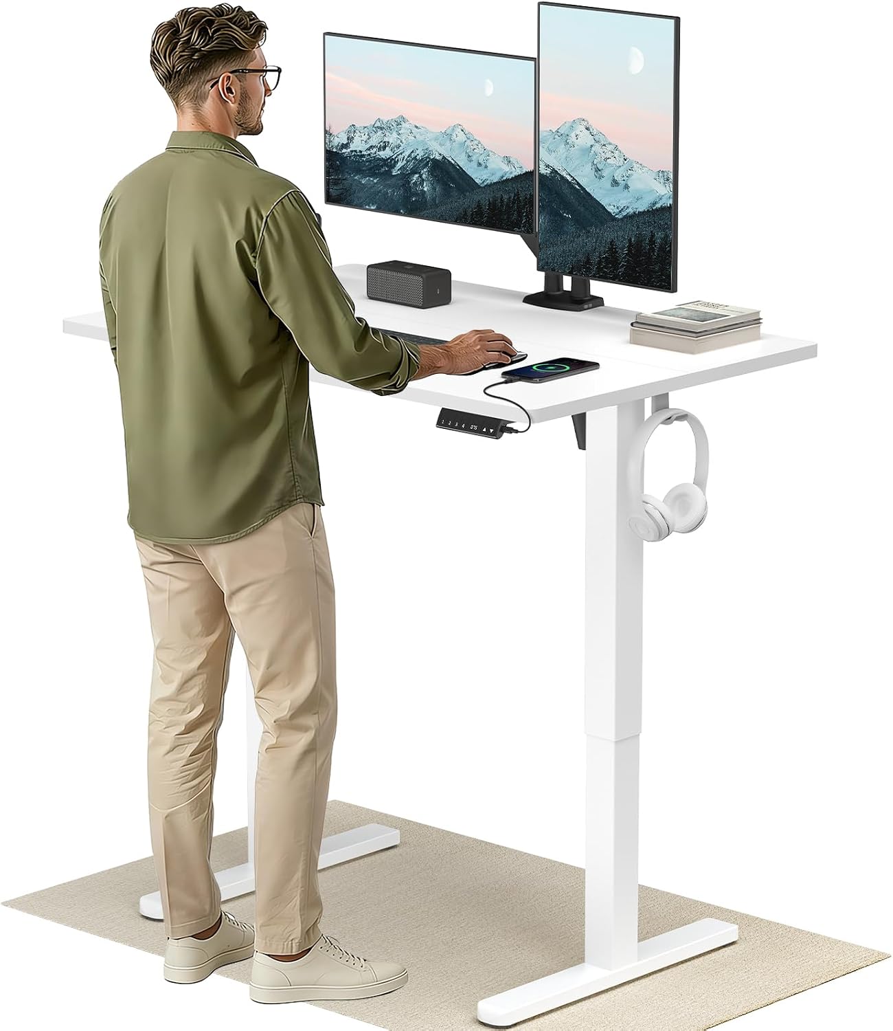 HUANUO Biurko z regulacją wysokości 120 x 80 cm z portem ładowania USB-C i USB-A, regulacja wysokości 72-118 cm, 4 ustawienia pamięci, zarządzanie kablami i haczyki