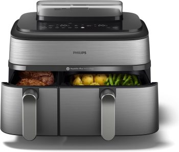 Philips Steam Airfryer 5000 Series Dual Basket – Airfryer & parowar w jednym urządzeniu, 9 l, technologia RapidAir Plus, 19 funkcji gotowania, 90% mniej tłuszczu, 2 kosze, czyszczenie parą (NA555/00)