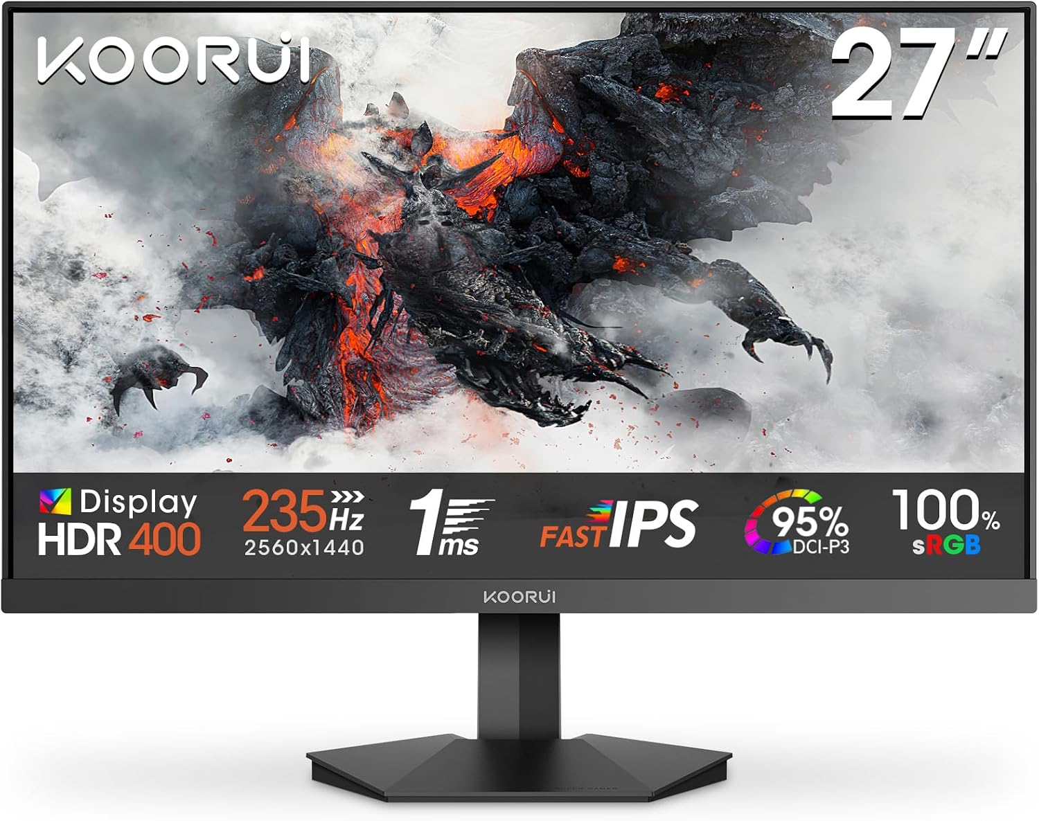 KOORUI G2721P 27 Inch Gaming Monitor,200Hz, IPS, QHD 1440P, 1ms, HDR 400, Adaptive Sync, VESA Mountable, HDMI/DP, Low Blue Light, 99% SRGB