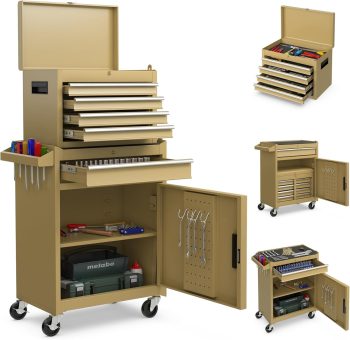 COSTWAY Wózek warsztatowy 2 w 1 z walizką i 8 półkami i haczykami i regulowanym regałem, wózek narzędziowy zamykany na kółkach bez narzędzi, profesjonalny wózek warsztatowy metalowy udźwig 100 kg, 59