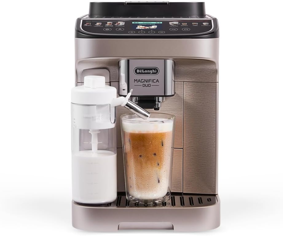 De’Longhi Magnifica Duo – Perfetto Automatyczny Ekspres do Kawy z Automatycznym Spienianiem Mleka LatteCrema, 20 Goracych i Zimnych Napojów, Kolorowy Wyswietlacz, Srebrny (ECAM332.80.SXB)