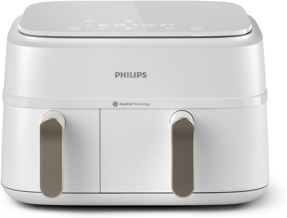 Philips Airfryer Dual Basket Serii 3000 - Frytownica, 9L, 2 Kosze, Gotowanie 2 Potraw Jednocześnie, Technologia RapidAir Plus, 90% Mniej Tłuszczu, Energooszczędna, Aplikacja HomeID, Biała (NA353/10)
