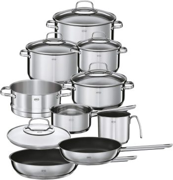RÖSLE ELEGANCE zestaw garnków 10-częściowy, 6 wysokiej jakości garnków, 1 wkładka do pary, 2 patelnie w zestawie, stal szlachetna 18/10, ze szklaną pokrywką i wewnętrzną skalą, nadaje się do mycia w zmywarce i do płyt indukcyjnych