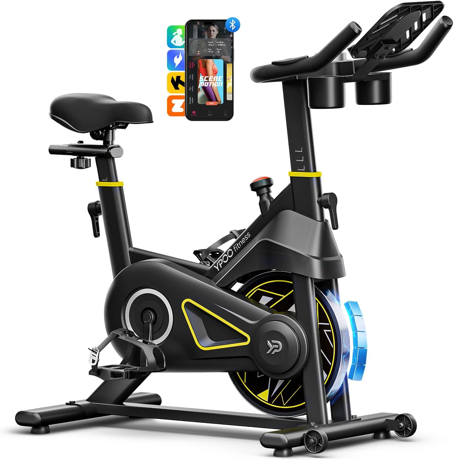 YPOO Rower Treningowy, Regulowany Magnetyczny Opór, Wygodne Siodełko, Uchwyt na Tablet i Kursy Fitness, Rower do Jazdy w Pomieszczeniach na Trening Cardio w Domu, Cichy Hometreiner o Wysokiej Nośności