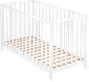 roba Łóżeczko składane Fold Up 60 x 120 - Składane łóżeczko dla niemowląt z drewna - 2-stopniowo regulowana wysokość - Oszczędne w miejscu łóżeczko z bariery na kółkach - Biały