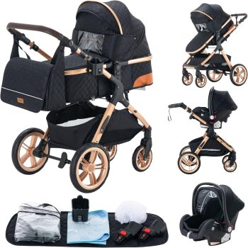 Wózek dziecięcy 3 w 1, wózek dziecięcy 3 w 1, wózek spacerowy, system podróżny, składane, gumowe opony, z akcesoriami, gondola, adapteurs, 25 kg (XX1 czarny)