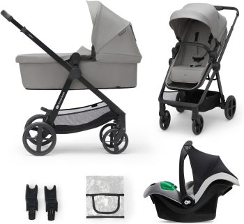 Kinderkraft NEWLY 3w1, wielofunkcyjny wózek dziecięcy, Travel System, funkcja spacerówki, fotelik samochodowy, akcesoria, regulacja oparcia, filtr UPF50+, lekki, od urodzenia do 22 kg, szary