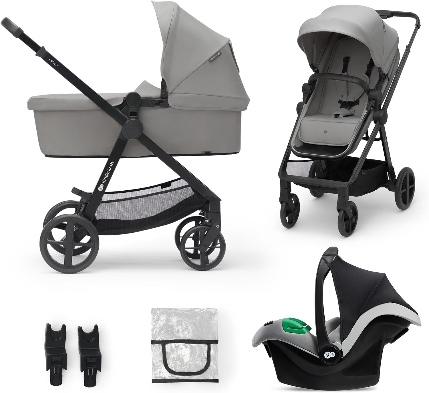 Kinderkraft NEWLY 3w1, wielofunkcyjny wózek dziecięcy, Travel System, funkcja spacerówki, fotelik samochodowy, akcesoria, regulacja oparcia, filtr UPF50+, lekki, od urodzenia do 22 kg, szary