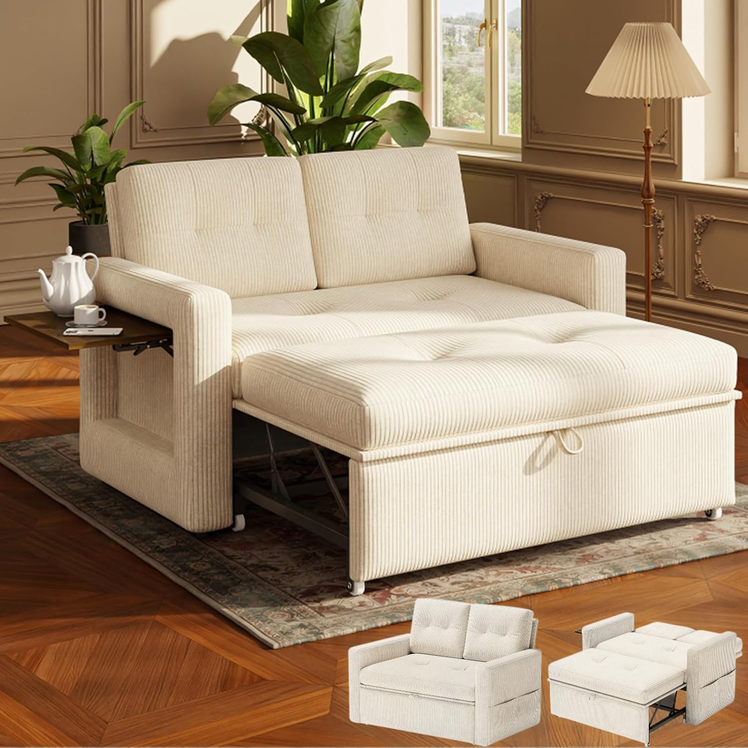 YOUDENOVA Sofa z funkcją spania, sofa rozkładana z 5-stopniowo regulowanym oparciem, sofa rozkładana z funkcją łóżka, sofa z stolikiem i szufladką, 2-osobowa sofa rozkładana 177 x 135 cm, corduroy