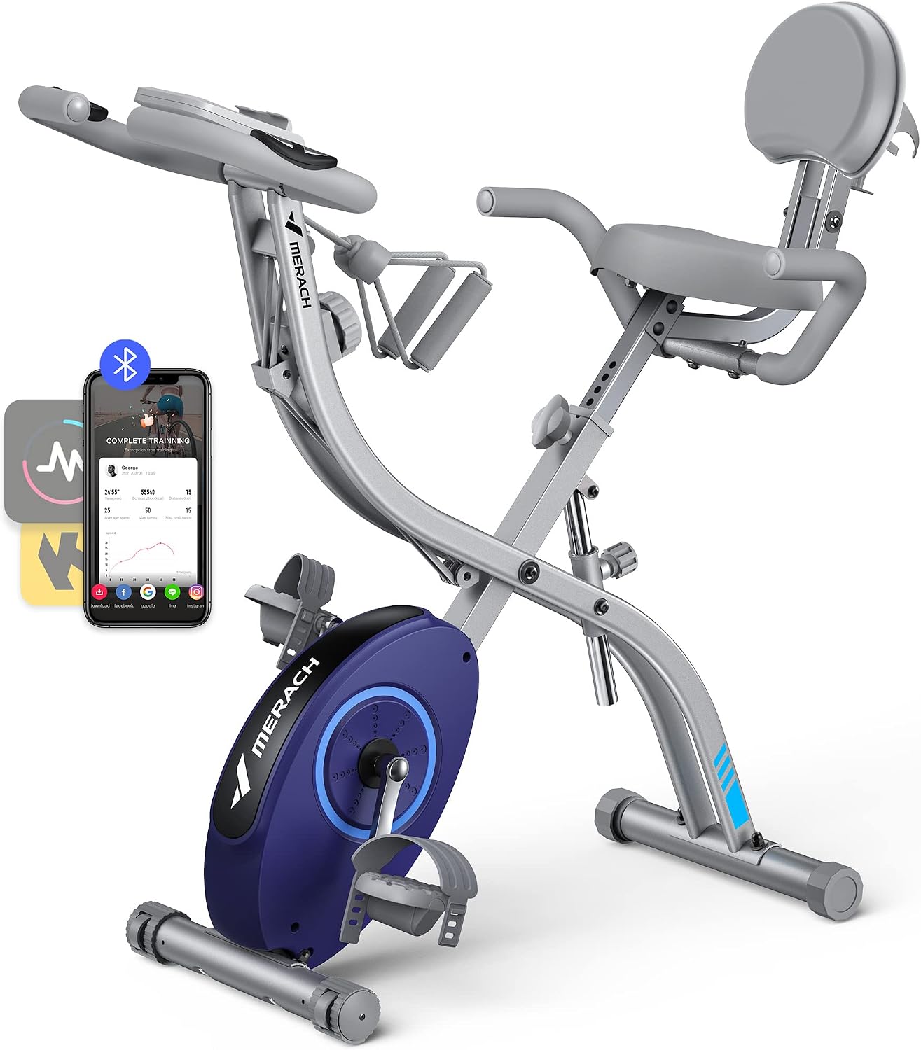 MERACH Rower domowy 4 w 1, składany, z monitorem LCD i pomiarem pulsu w dłoni, magnetyczny ergometr domowy z wygodną poduszką do siedzenia, rower fitness do domu, oszczędność miejsca