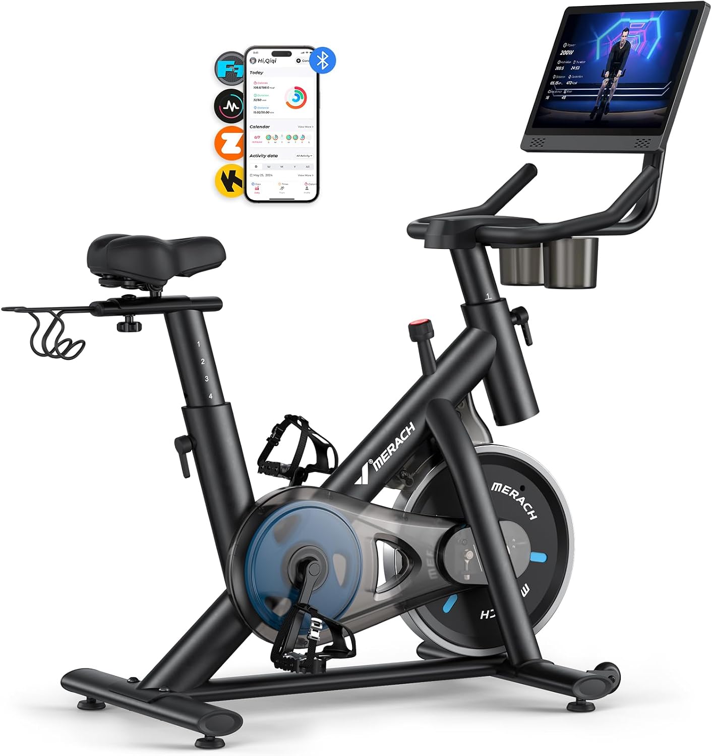 MERACH Rower domowy z regulowanym oporem, cichy rower z ulepszonym monitorem LED, uchwyt na tablet, do treningu kardio, do domu, własna aplikacja, do 136 kg