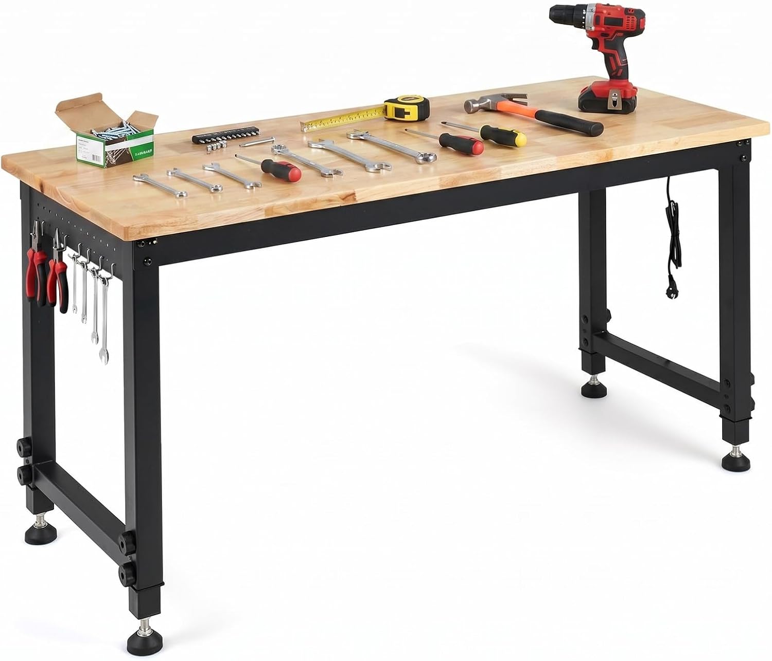 COSTWAY Stół warsztatowy do dużych obciążeń, 122 cm, z regulacją wysokości, z metalową ramą, ścianą perforowaną, gniazdkiem elektrycznym i blatem z litego drewna 2,5 cm, stół warsztatowy do warsztatu
