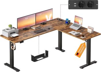 VASAGLE Biurko z regulacją wysokości, 190 x 155 cm, biurko narożne w kształcie litery L, 2 gniazda AC, 2 porty USB-A, półka na listwy zasilającej, do biura, rustykalny brązowy LSD295KD01
