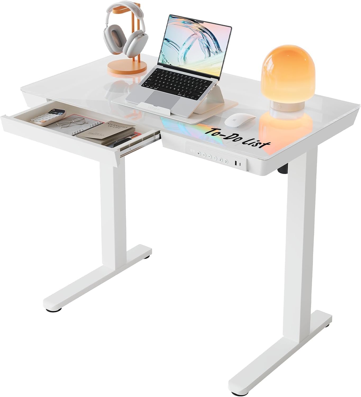 HUANUO 88 x 50 cm, szklane biurko z regulacją wysokości z szufladą, cały blat stołu, port ładowania USB i 3 funkcje pamięci, białe