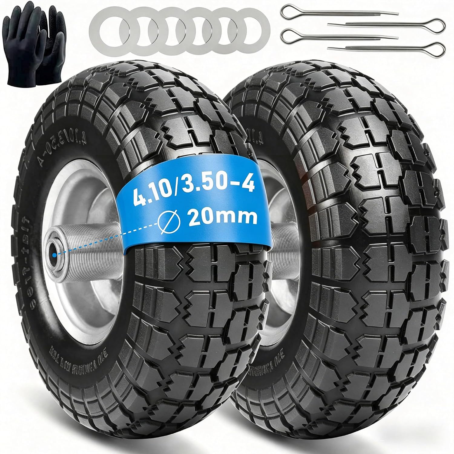 Koła do wózka: zestaw 2 opon z pełnej gumy 4.10 3.50-4, zapasowe koła do wózka transportowego 260 x 85 mm (piasta 20 mm)
