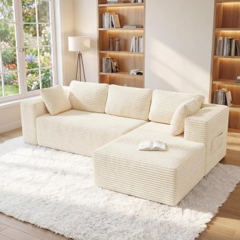 Xbro Sofa narożna modułowa w kształcie litery L, sofa szezlong do salonu z poduszkami i kieszeniami bocznymi, bez montażu, tkanina sztruksowa, 250 x 160 x 62 cm, (beżowa, lewy szezlong)