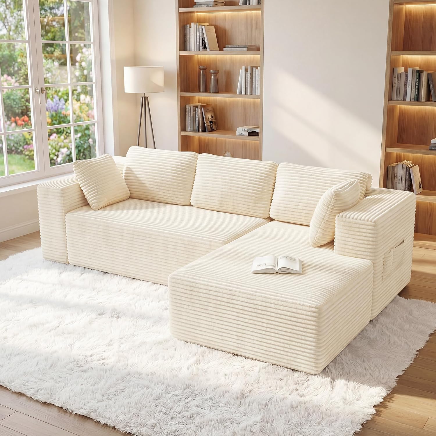 Xbro Sofa narożna modułowa w kształcie litery L, sofa szezlong do salonu z poduszkami i kieszeniami bocznymi, bez montażu, tkanina sztruksowa, 250 x 160 x 62 cm, (beżowa, lewy szezlong)