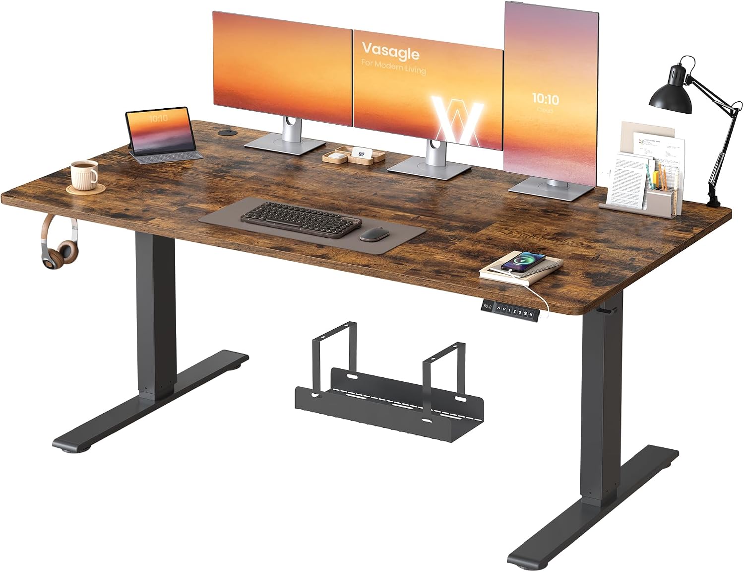 VASAGLE Biurko z regulacją wysokości, 160 x 80 cm, złącze USB-C, półka na listwę zasilającą, biurko do pracy w pozycji stojącej, 3 przyciski pamięci, do biura, brąz vintage LSD146KD02