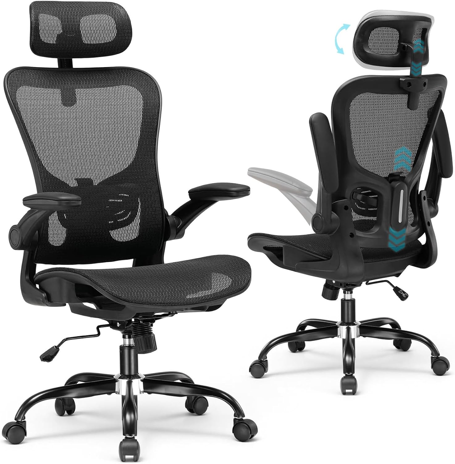 GTPLAYER Ergonomiczne krzesło biurowe z regulowanym zagłówkiem, podłokietnikami, podparciem okolic lędźwiowych, krzesło biurowe i gamingowe, funkcja przechylania, fotel szefa z siatki, 150 kg (czarny)