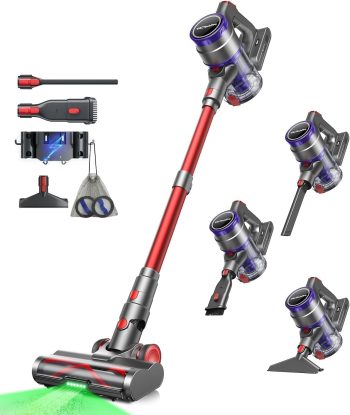 VACTechPro Odkurzacz bezprzewodowy F02 Ultra, 600W/55 KPa, 8-warstwowa filtracja, szczotka do podłogi zapobiegająca rozmazywaniu, 70 min autonomii, zbiornik na kurz 1,6 l, fioletowy i czerwony