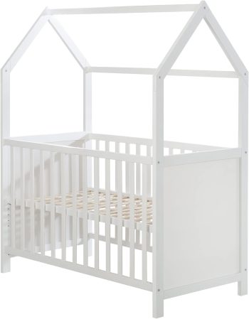 roba Łóżko domek 60 x 120 cm - Certyfikowane FSC - Łóżeczko dziecięce i do przyściółki w kształcie domku - Regulacja wysokości 6-stopniowa - Kolor biały