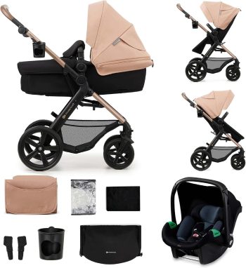 Kinderkraft MOOV 2 3 w 1 fotelik samochodowy, Mink PRO I-Size, system podróżny, wózek dziecięcy, krzesło spacerowe, składane, dla noworodka, od urodzenia do 3 lat, Beżowy